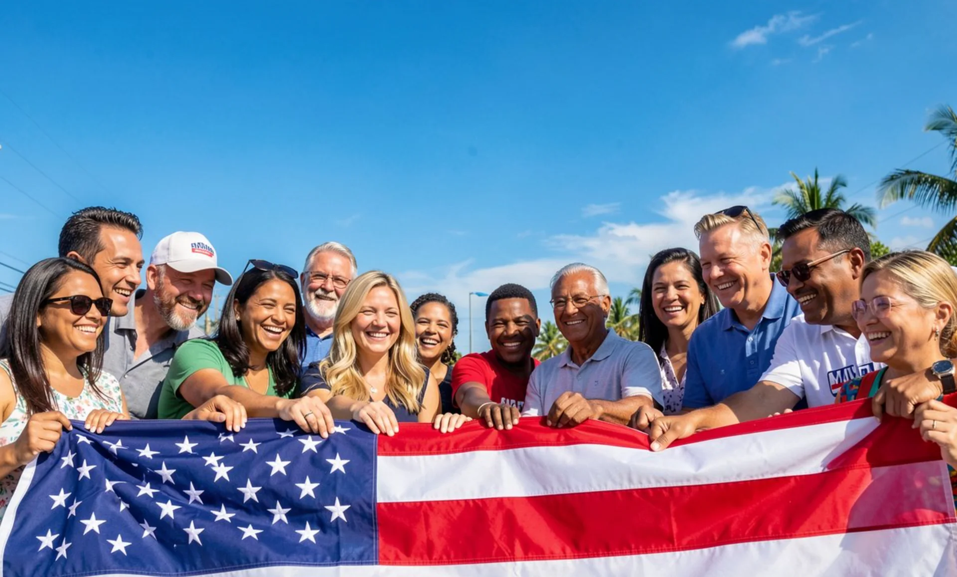 A group of Southwest Florida community members stands together behind an American flag.